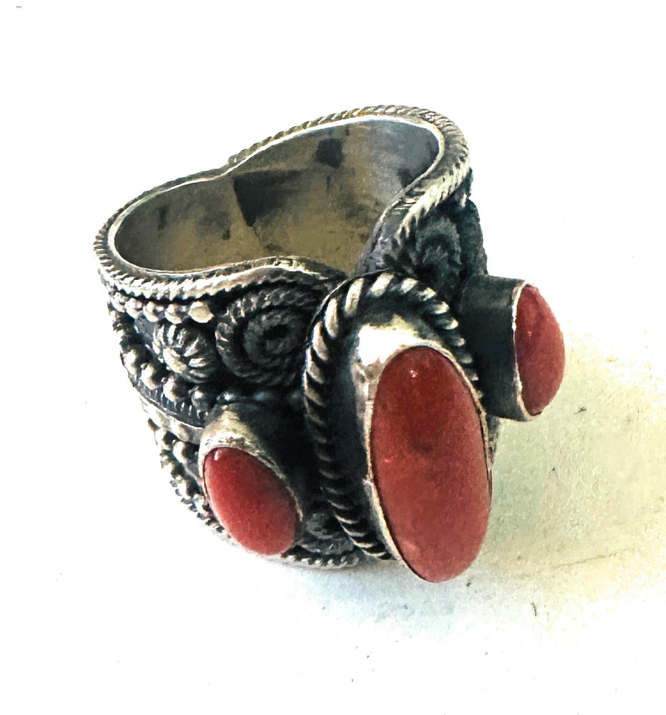 Navajo Sterling Silver and Coral Ring Size 10 by Hemerson Brown NT jewelry Nizhoni Traders LLC   