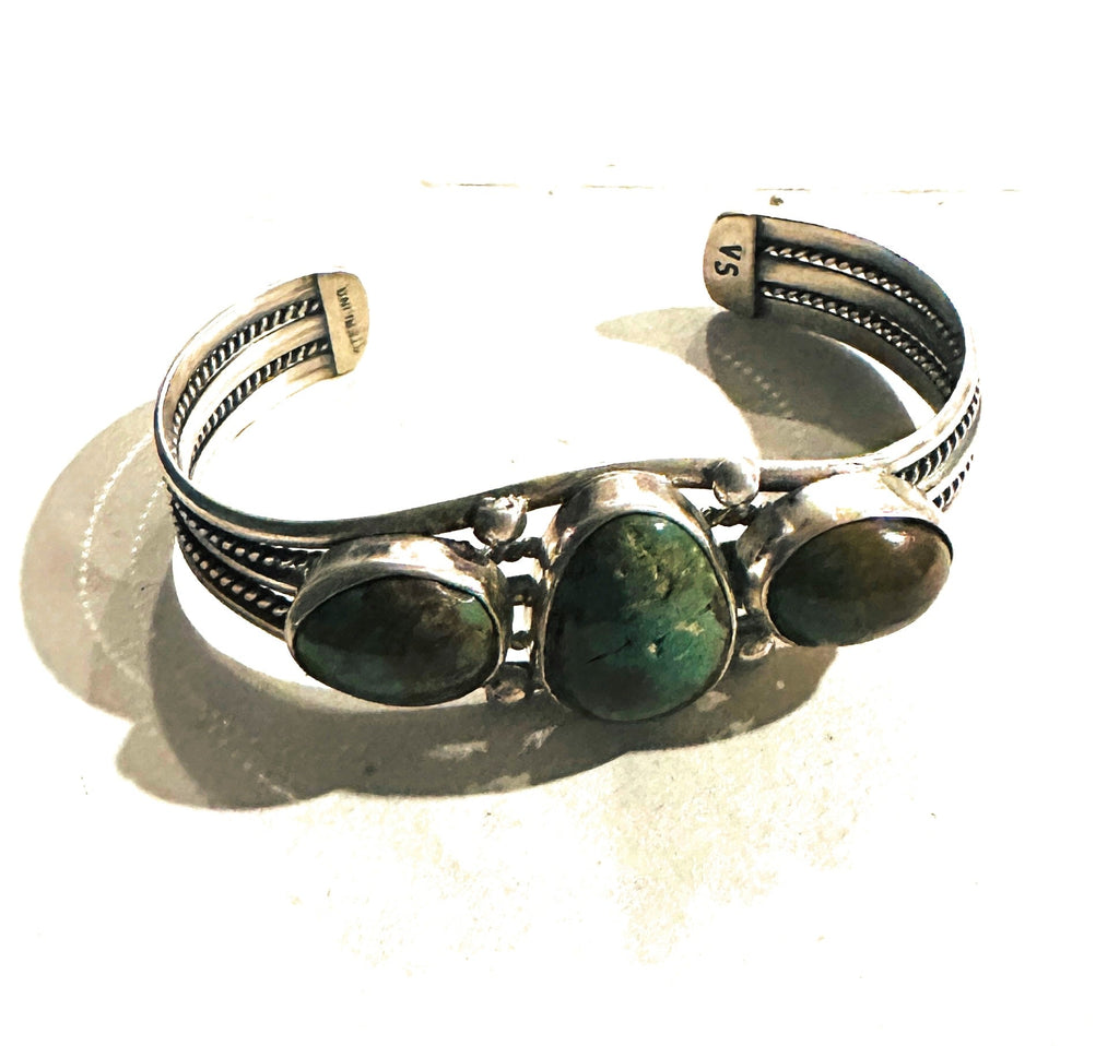 Royston Turquoise 3 Stone Cuff Bracelet Signed NT jewelry Nizhoni Traders LLC   