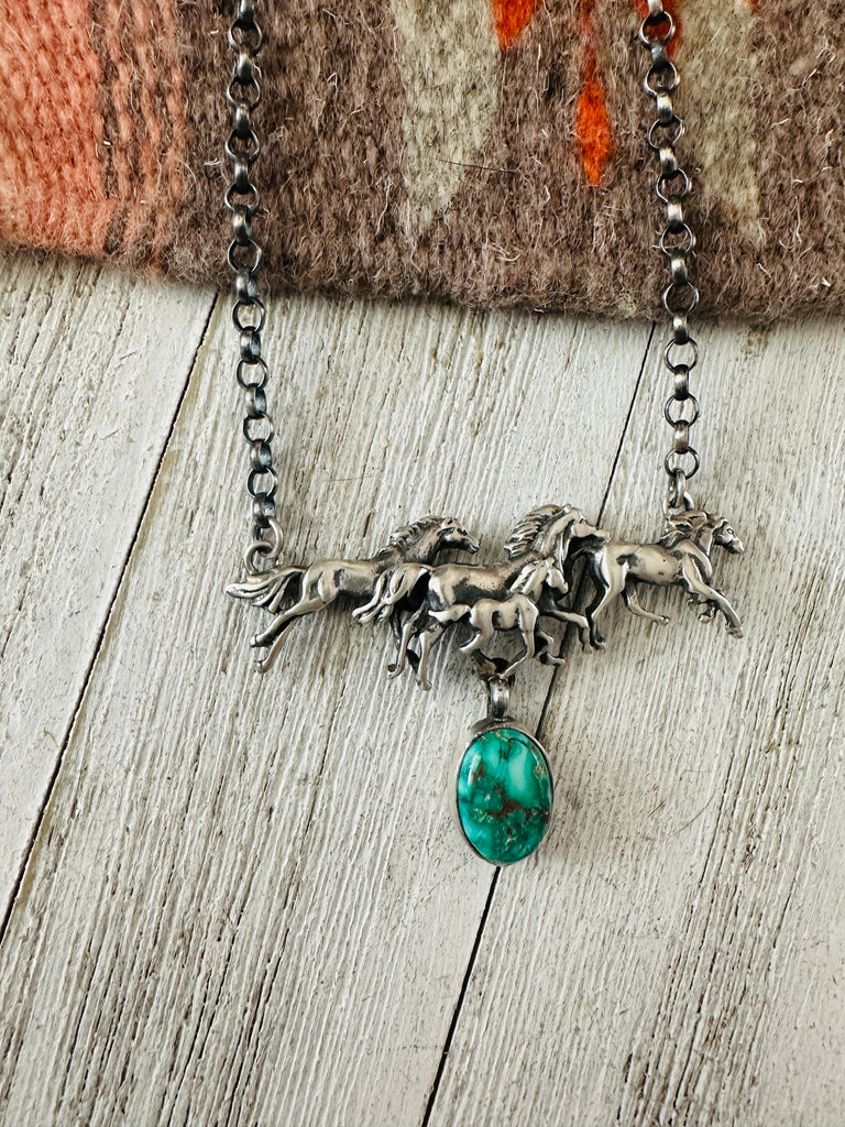 Navajo Sterling Silver & Sonoran Gold Turquoise Horse Necklace NT jewelry Nizhoni Traders LLC   