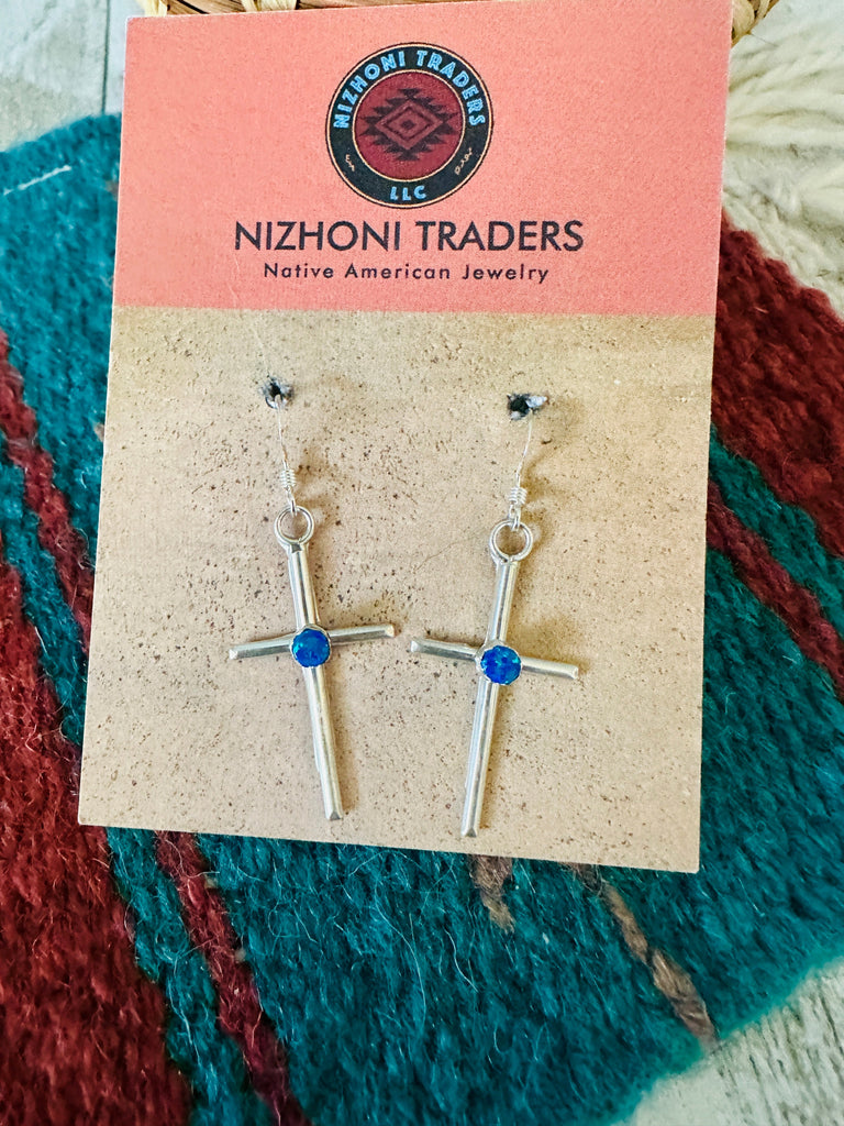 Blue Opal Cross Dangle Earrings NT jewelry Nizhoni Traders LLC   