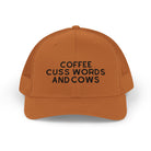 Coffee Cuss Words and Cows Trucker Hat Embroidered TCC Hat The Cinchy Cowgirl - Print Caramel