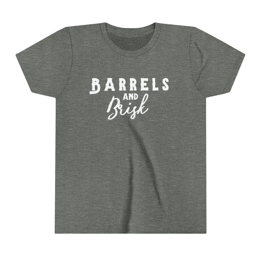 Grey youth short sleeve with white lettering reading "Barrels and Brisk".