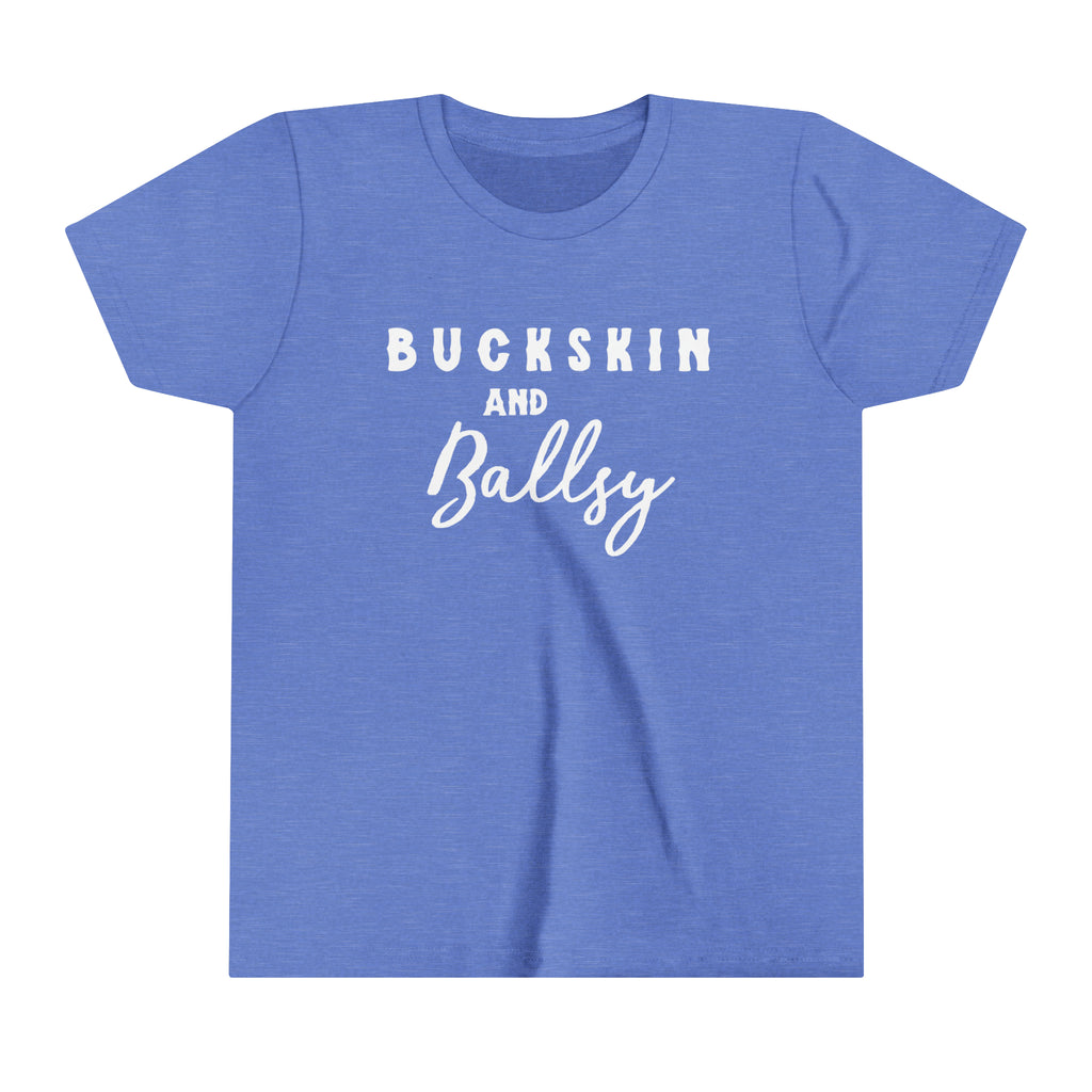 Blue youth short sleeve with white lettering reading "Buckskin and Ballsy". 