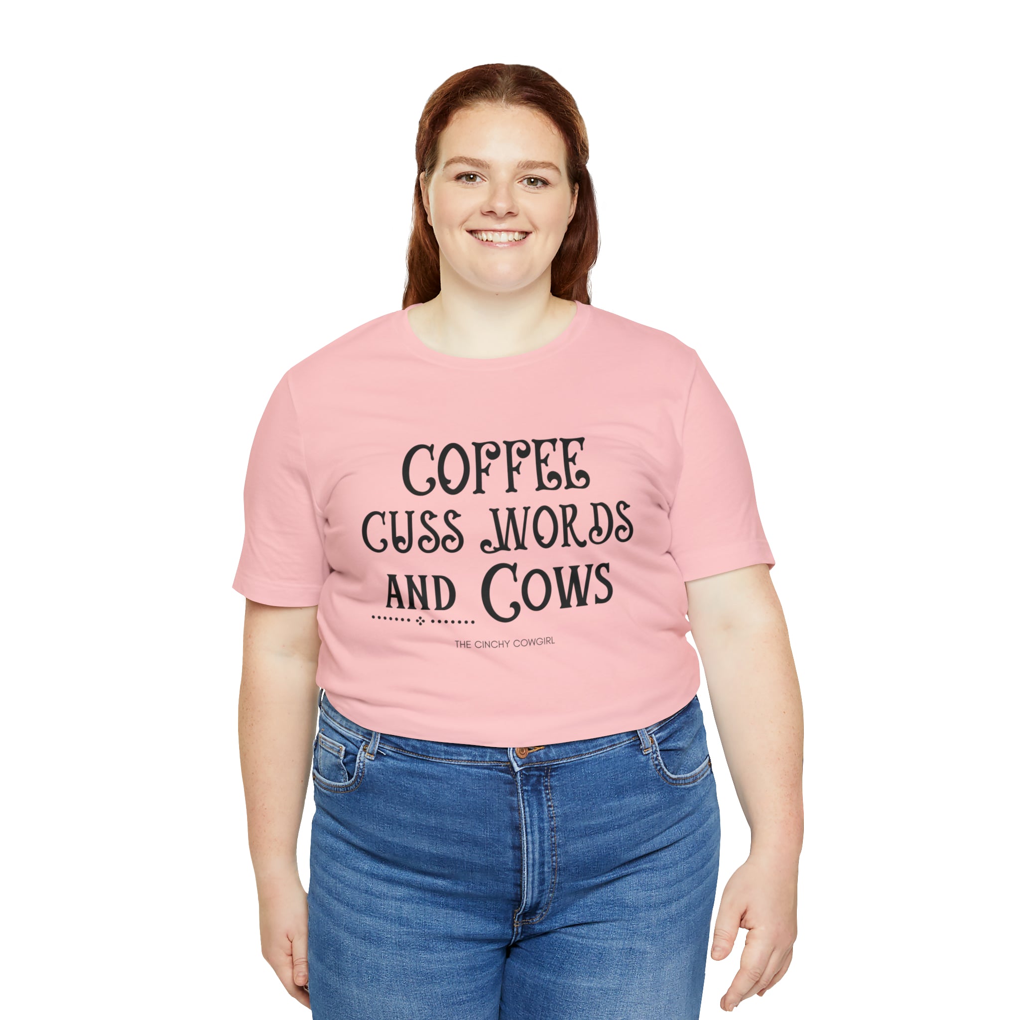 Coffee Cuss Words & Cows Short Sleeve Graphic Tee T-Shirt The Cinchy Cowgirl - Print Pink L