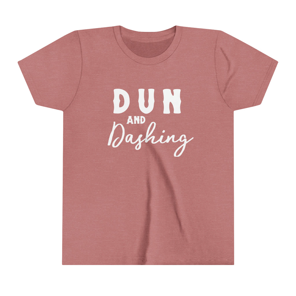 Mauve youth short sleeve with white lettering reading "Dun and Dashing".