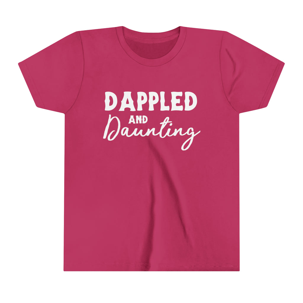 berry youth short sleeve with white lettering reading "Dappled and Daunting". 