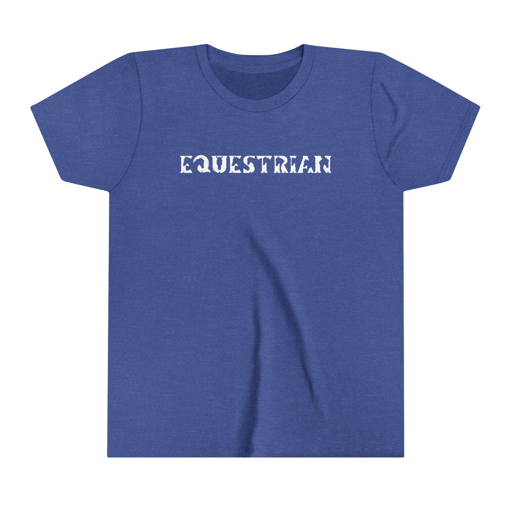 Royal youth short sleeve with white lettering reading "Equestrian" with horse cutouts in the lettering.