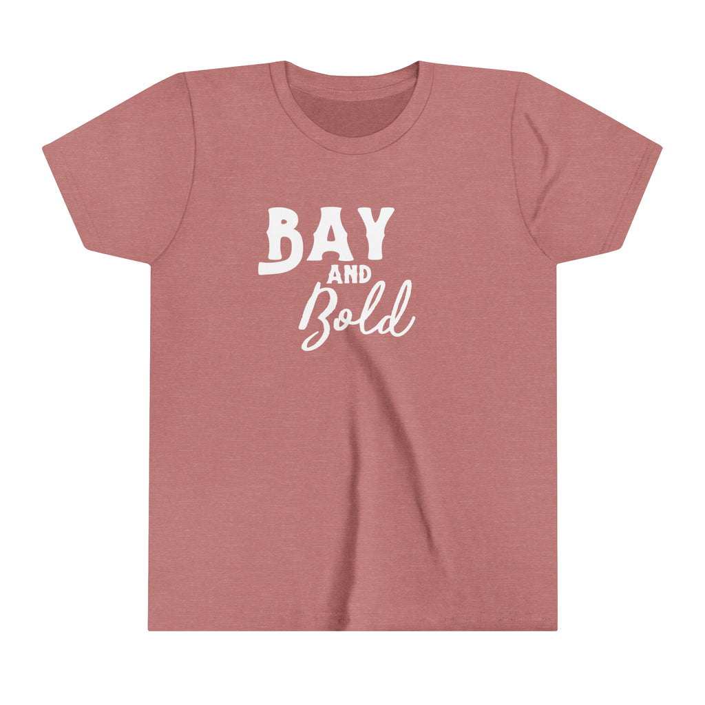 Mauve youth short sleeve with white lettering reading "Bay and bold".