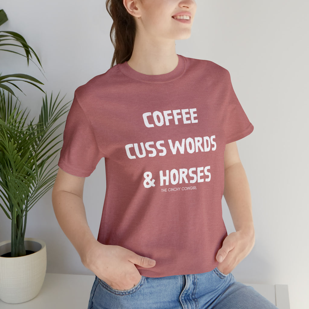Coffee, Cuss Words, & Horses Short Sleeve Tee tcc graphic tee Printify Heather Mauve XS 