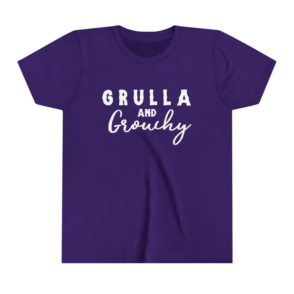 Purple youth short sleeve with white lettering reading "Grulla and Grouchy".