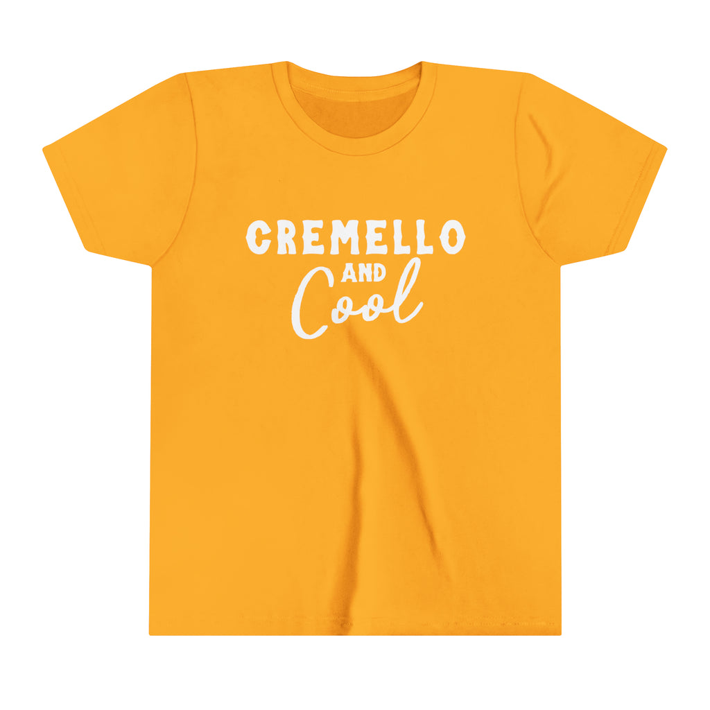 Gold youth short sleeve tee with white lettering reading "Cremello and Cool". 