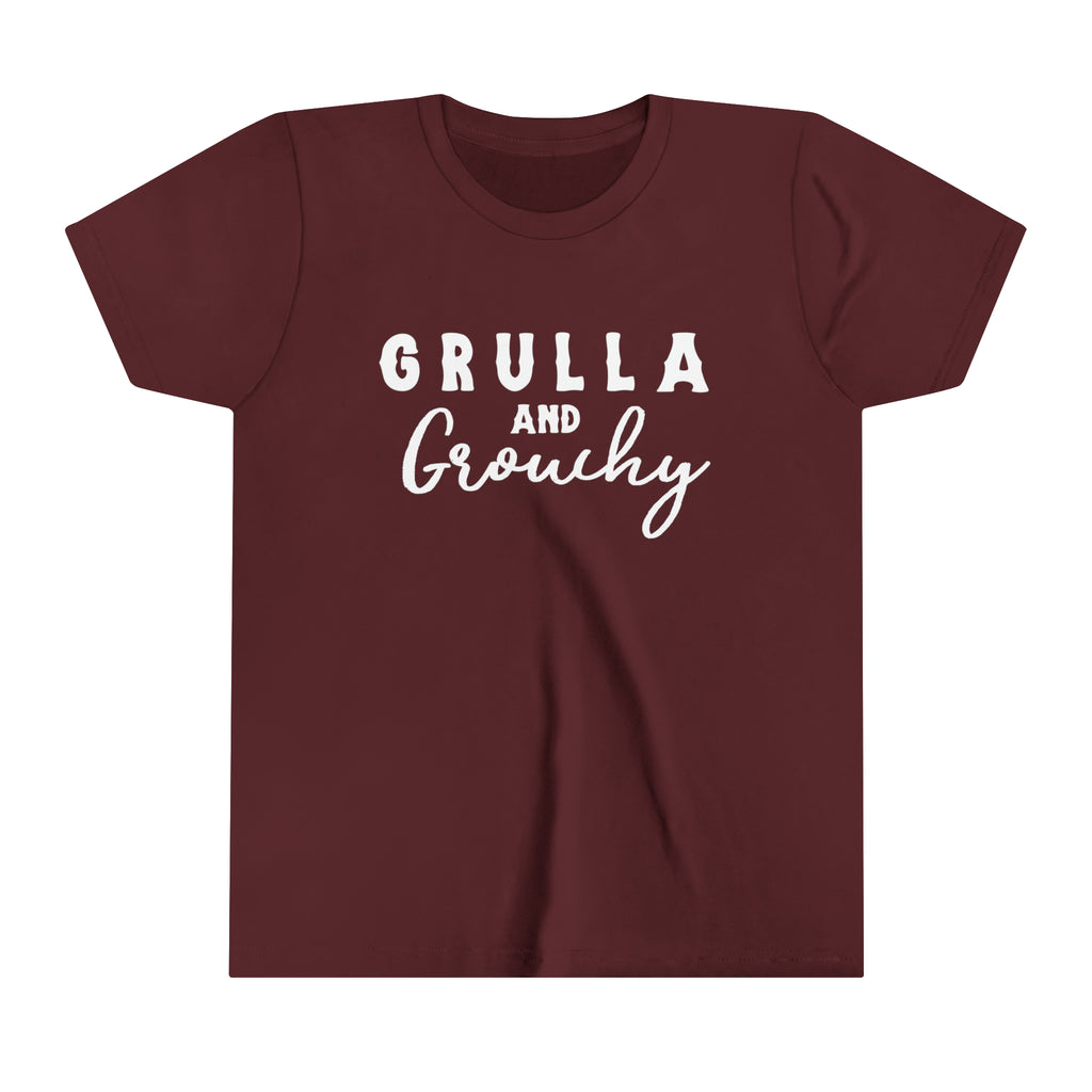 Maroon youth short sleeve with white lettering reading "Grulla and Grouchy".