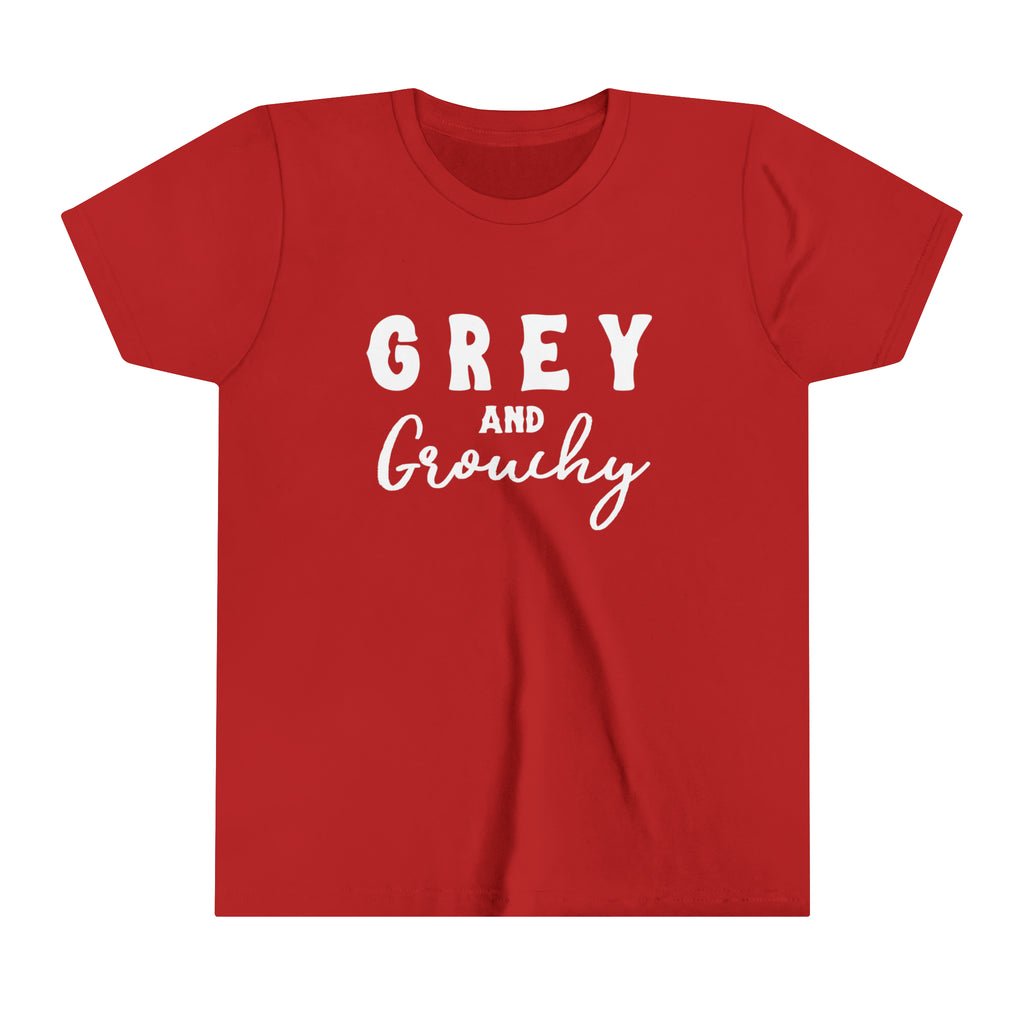 Red youth short sleeve with white lettering reading "Grey and Grouchy".