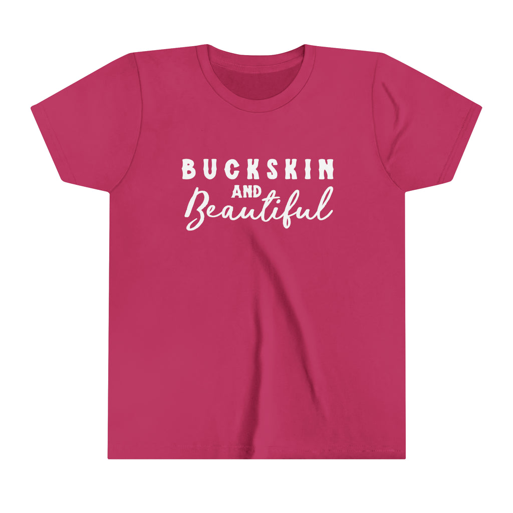 Berry youth short sleeve with white lettering reading "Buckskin and Beautiful".