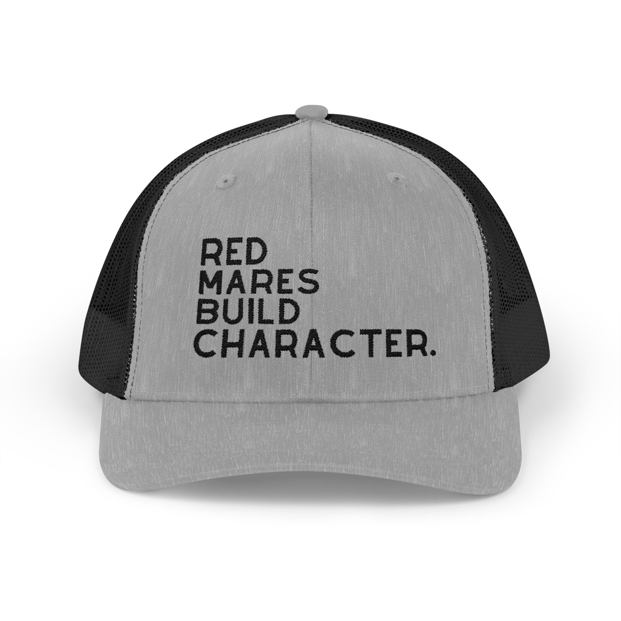 Red Mares Build Character Trucker Hat Embroidered TCC Hat The Cinchy Cowgirl - Print Heather Grey / Black