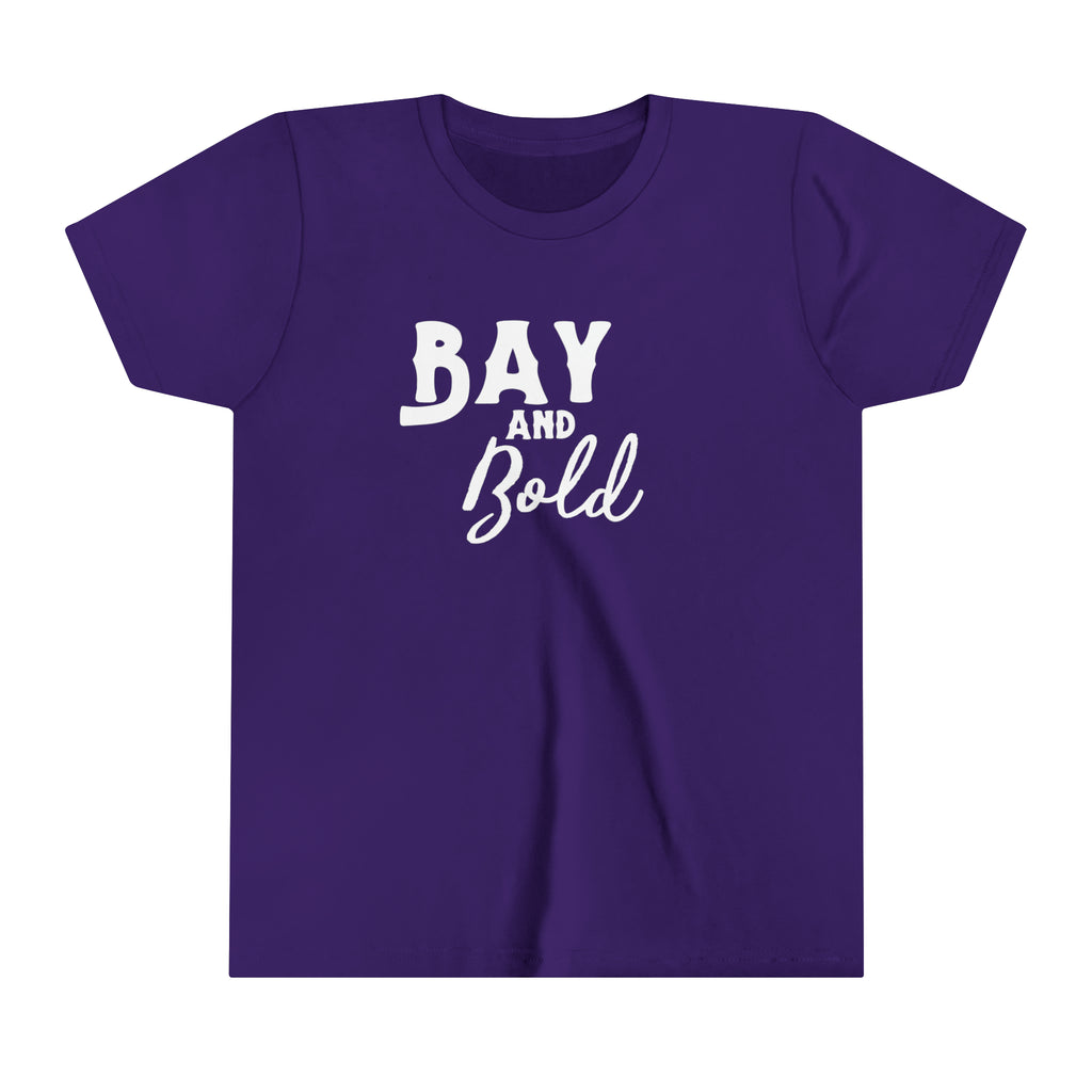 Purple youth short sleeve with white lettering reading "Bay and bold".