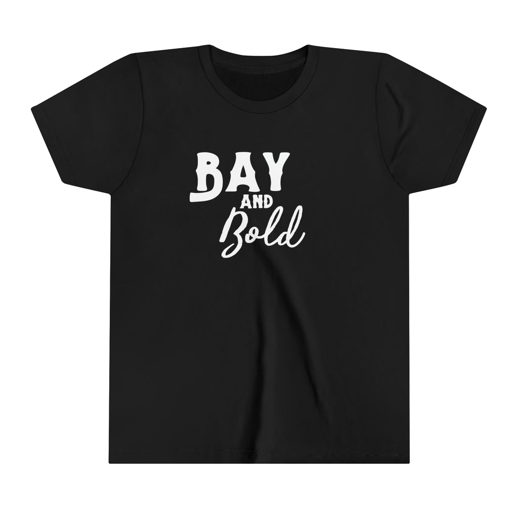 Black youth short sleeve with white lettering reading "Bay and bold".