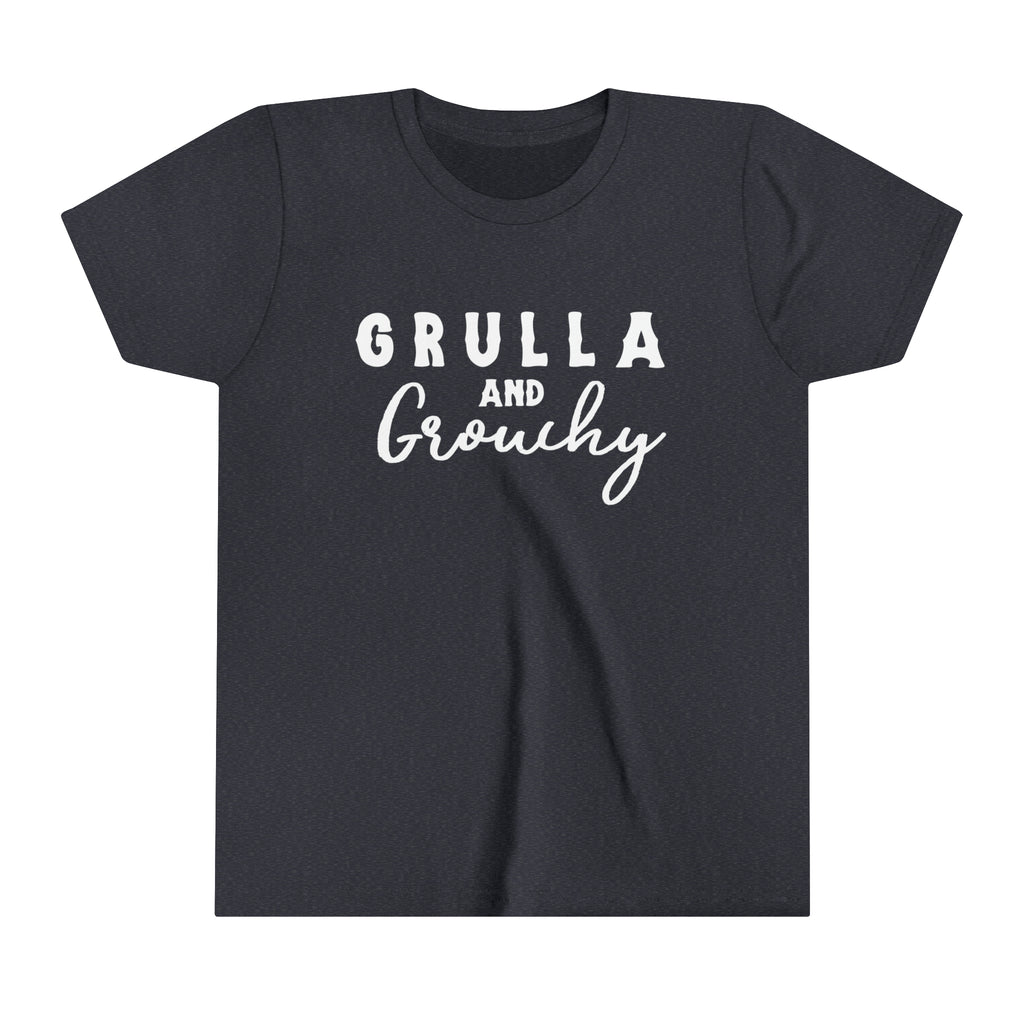 Navy youth short sleeve with white lettering reading "Grulla and Grouchy".
