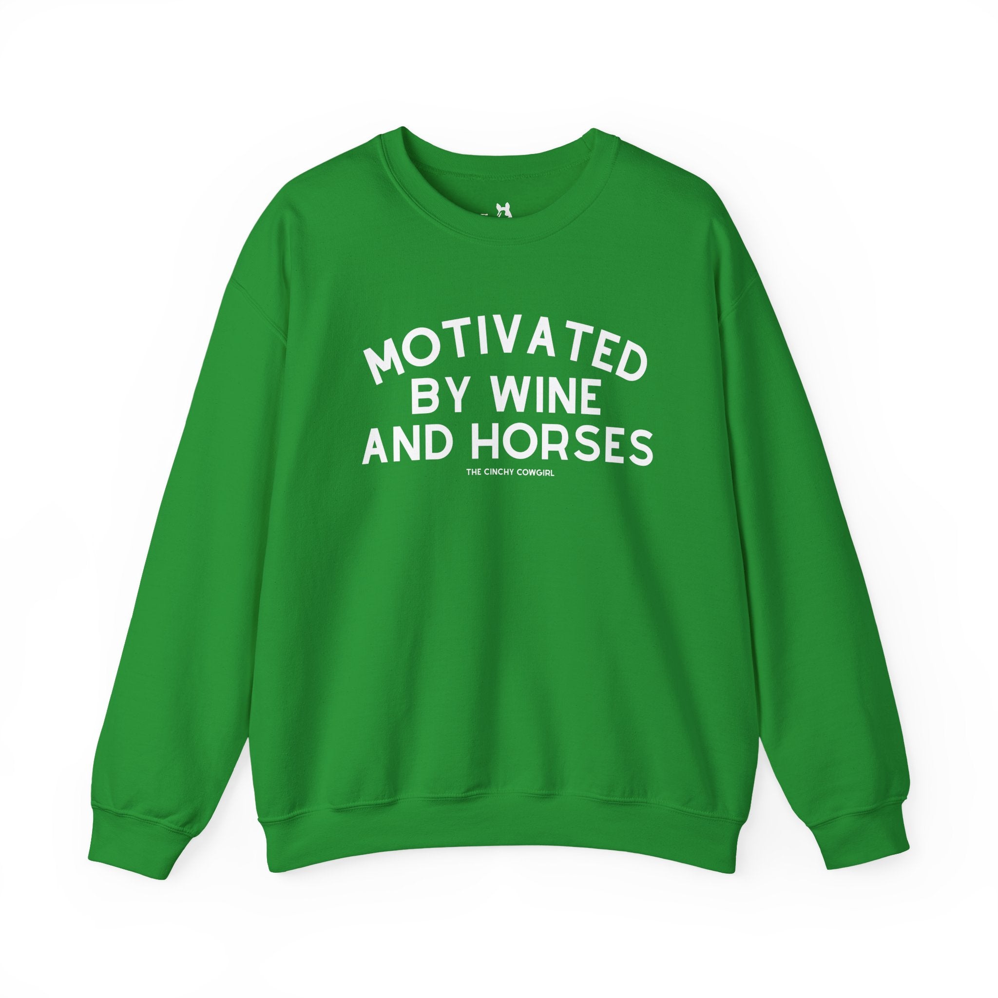 Motivated By Wine & Horses Fleece Pullover Sweatshirt The Cinchy Cowgirl - Print S Irish Green