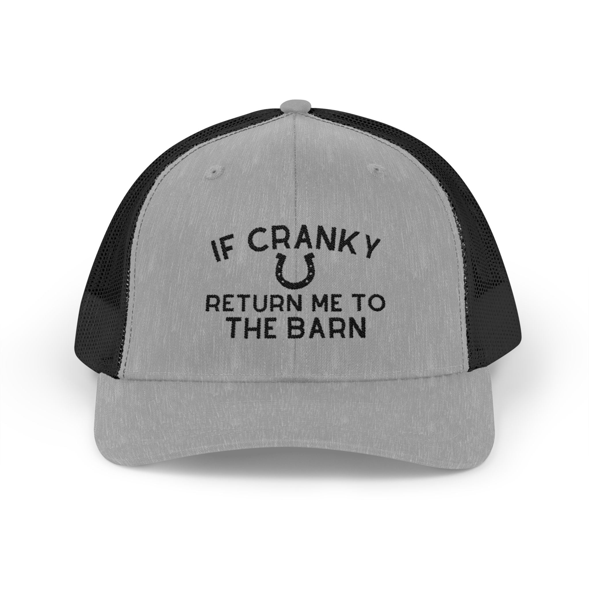 If Cranky Return Me To The Barn Trucker Hat Embroidered TCC Hat The Cinchy Cowgirl - Print Heather Grey / Black