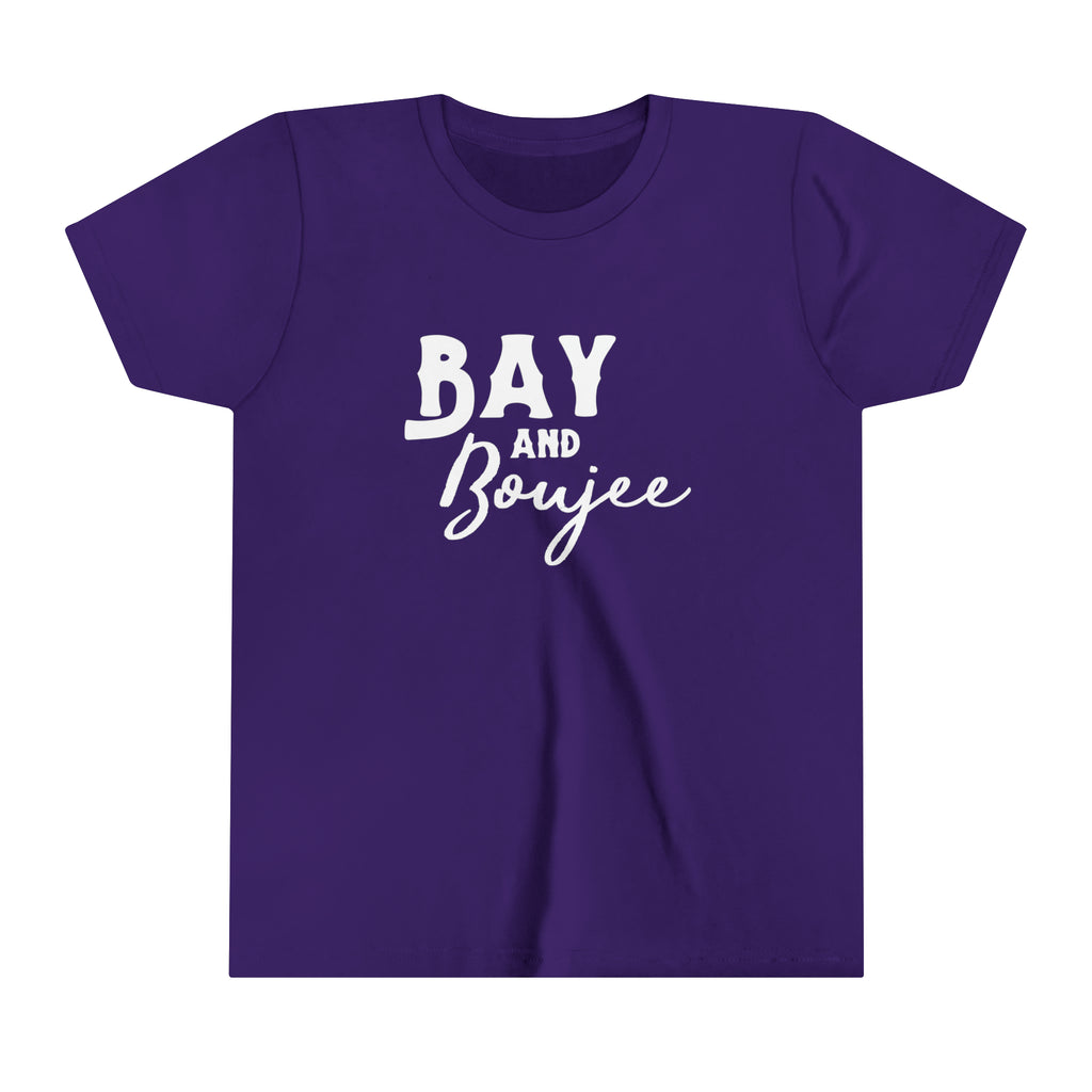 Purple youth short sleeve with white lettering that reads "Bay and Boujee".