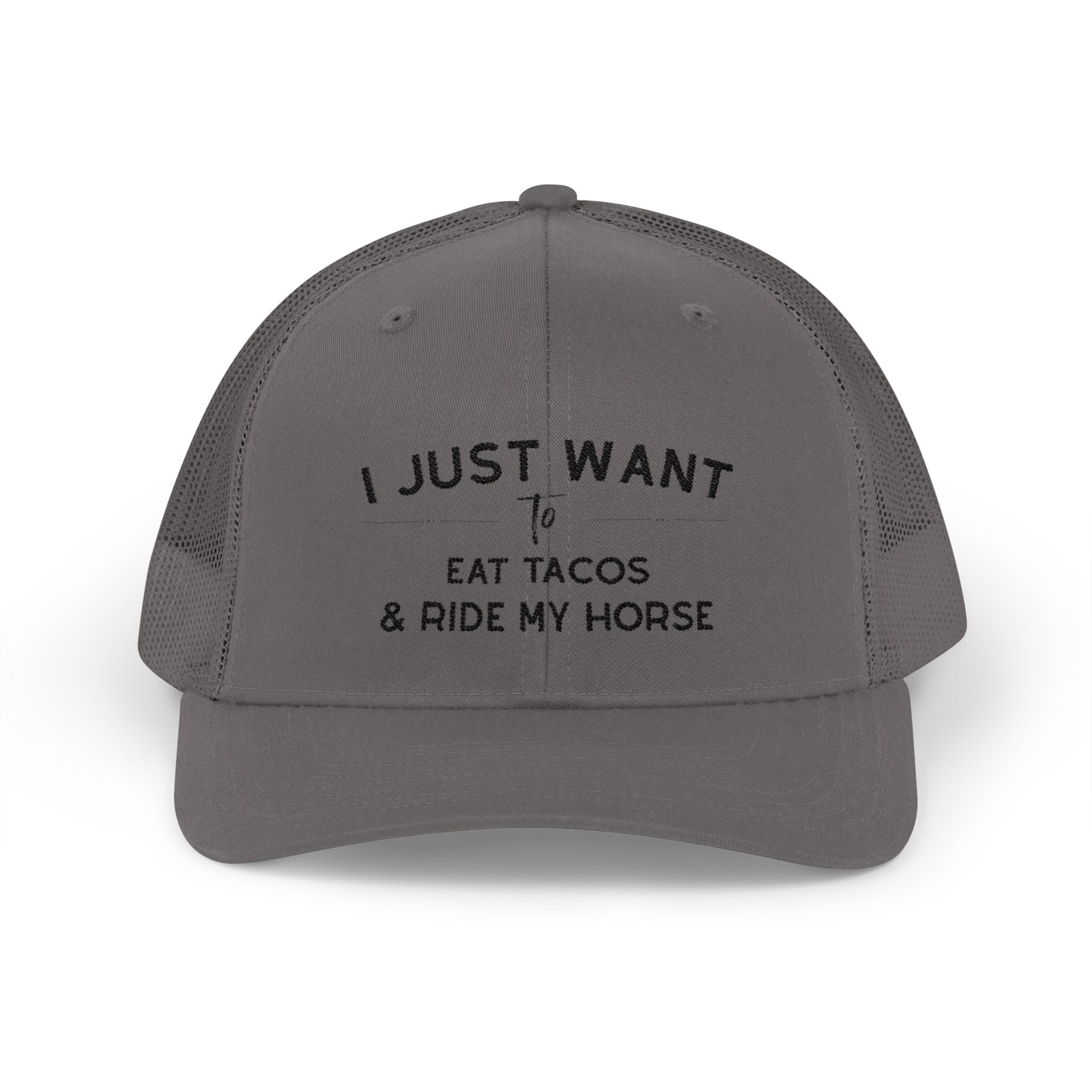 I Just Want To Eat Tacos And Ride My Horse Trucker Hat Hats The Cinchy Cowgirl - Print Charcoal One size