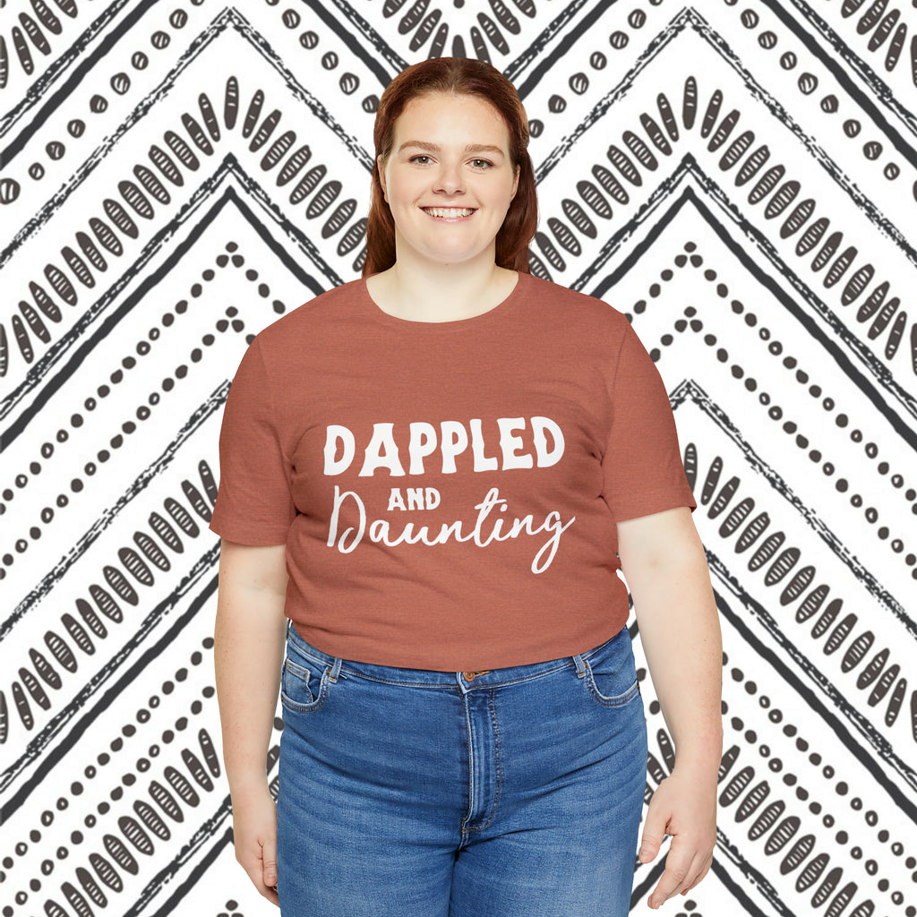 Clay plus size short sleeve with white lettering reading "Dappled and Daunting". 
