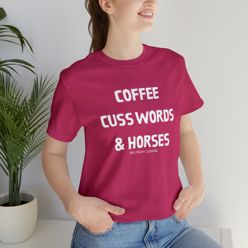 Coffee, Cuss Words, & Horses Short Sleeve Tee tcc graphic tee Printify Berry XS 