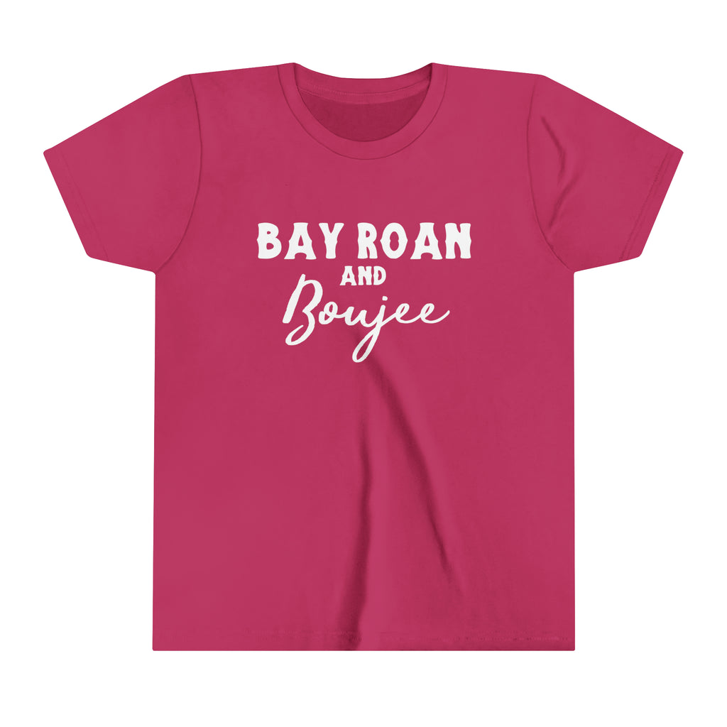 Berry youth short sleeve with white lettering reading "Bay Roan and Boujee".