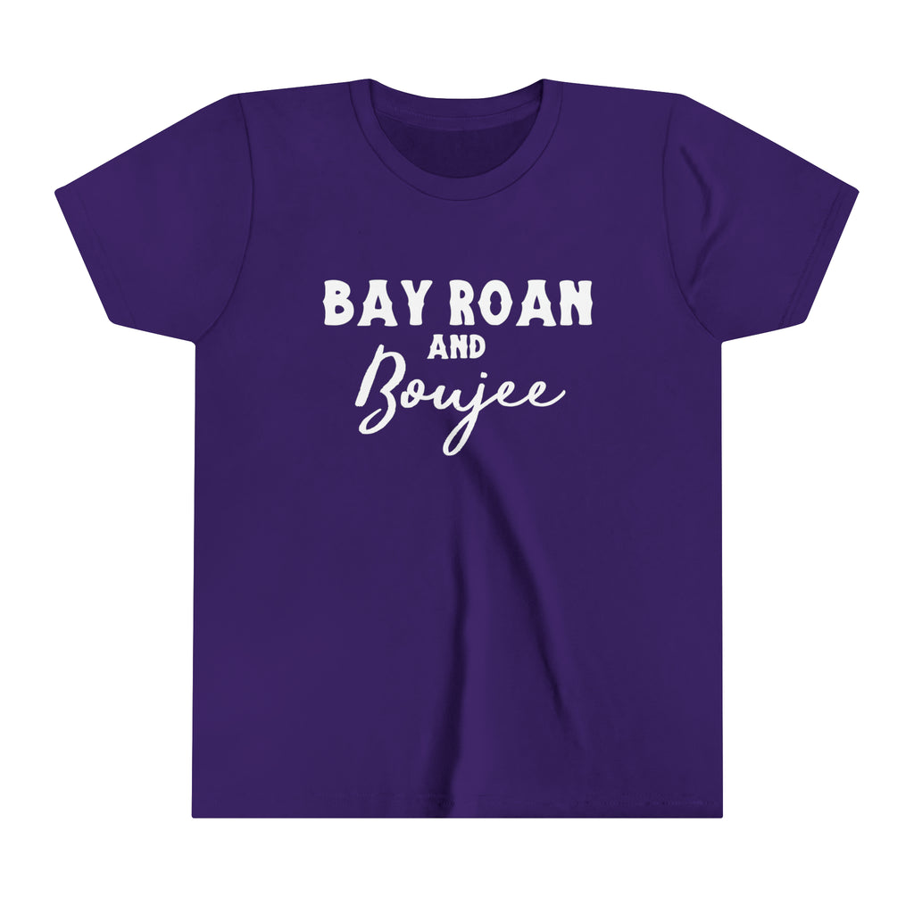 Purple youth short sleeve with white lettering reading "Bay Roan and Boujee".