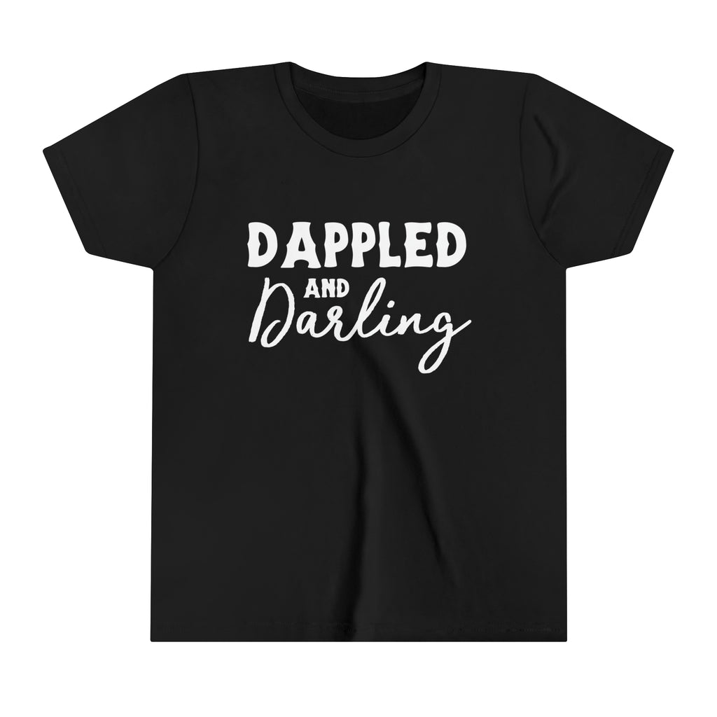 Black youth short sleeve with white lettering reading "Dappled and Darling". 