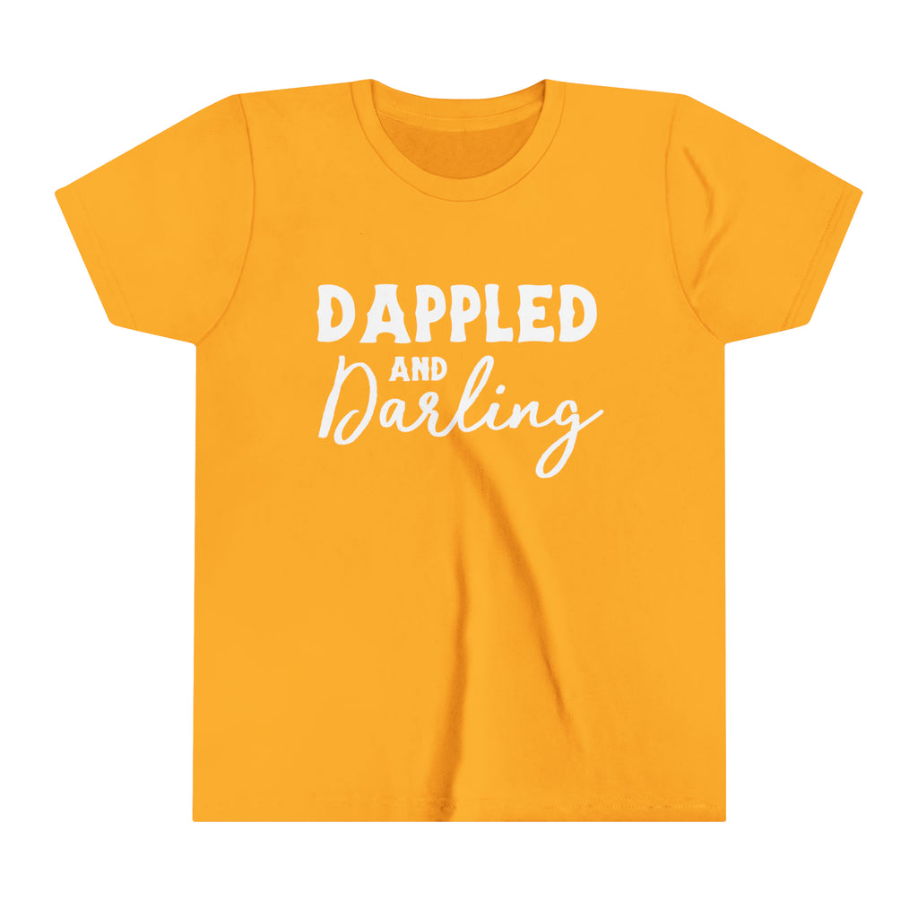 Gold youth short sleeve with white lettering reading "Dappled and Darling". 