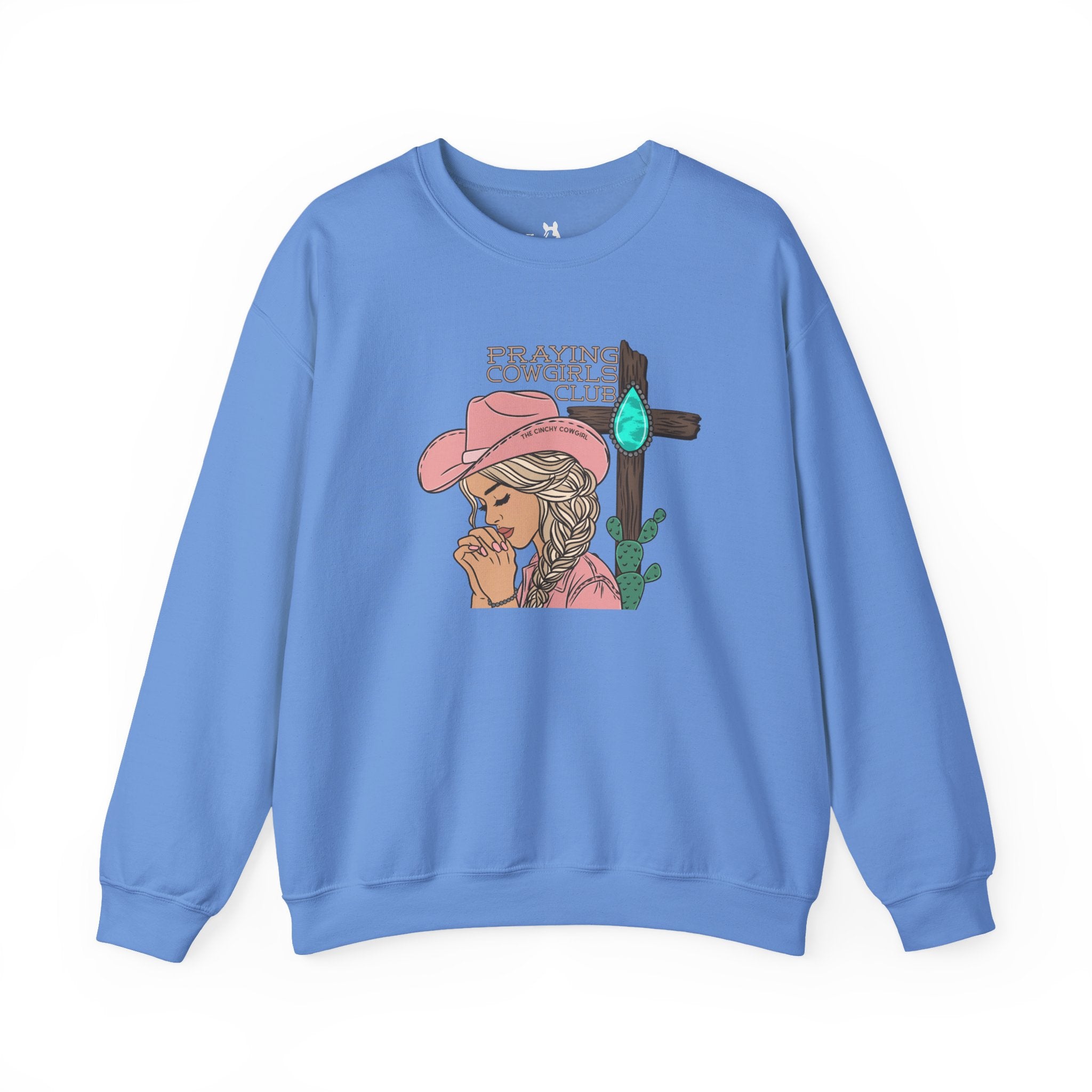 Praying Cowgirls Club Fleece Pullover Sweatshirt The Cinchy Cowgirl - Print S Carolina Blue