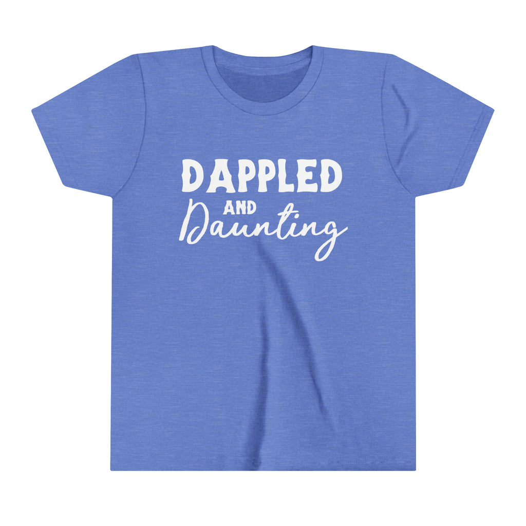 Blue youth short sleeve with white lettering reading "Dappled and Daunting". 