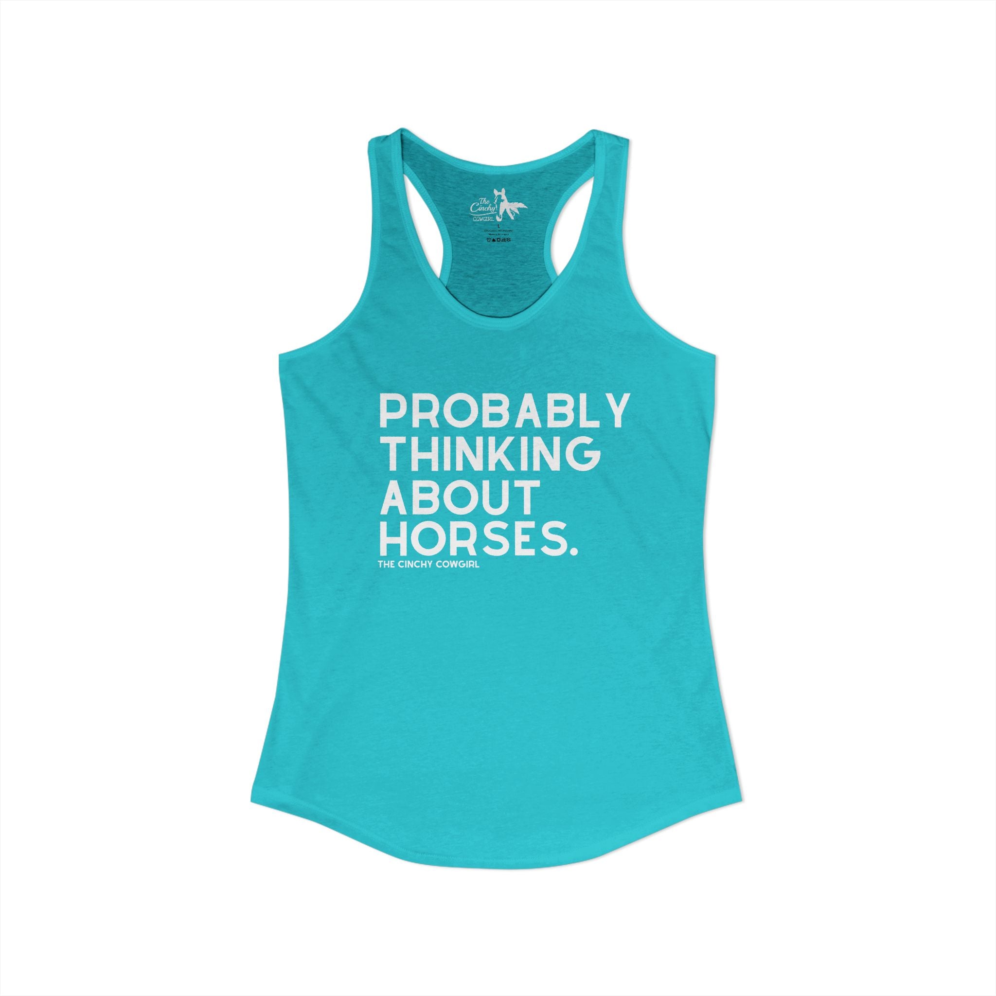Probably Thinking About Horses Tank Top graphic tank The Cinchy Cowgirl - Print XS Solid Tahiti Blue
