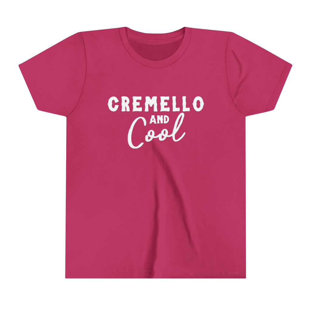 Berry youth short sleeve tee with white lettering reading "Cremello and Cool". 