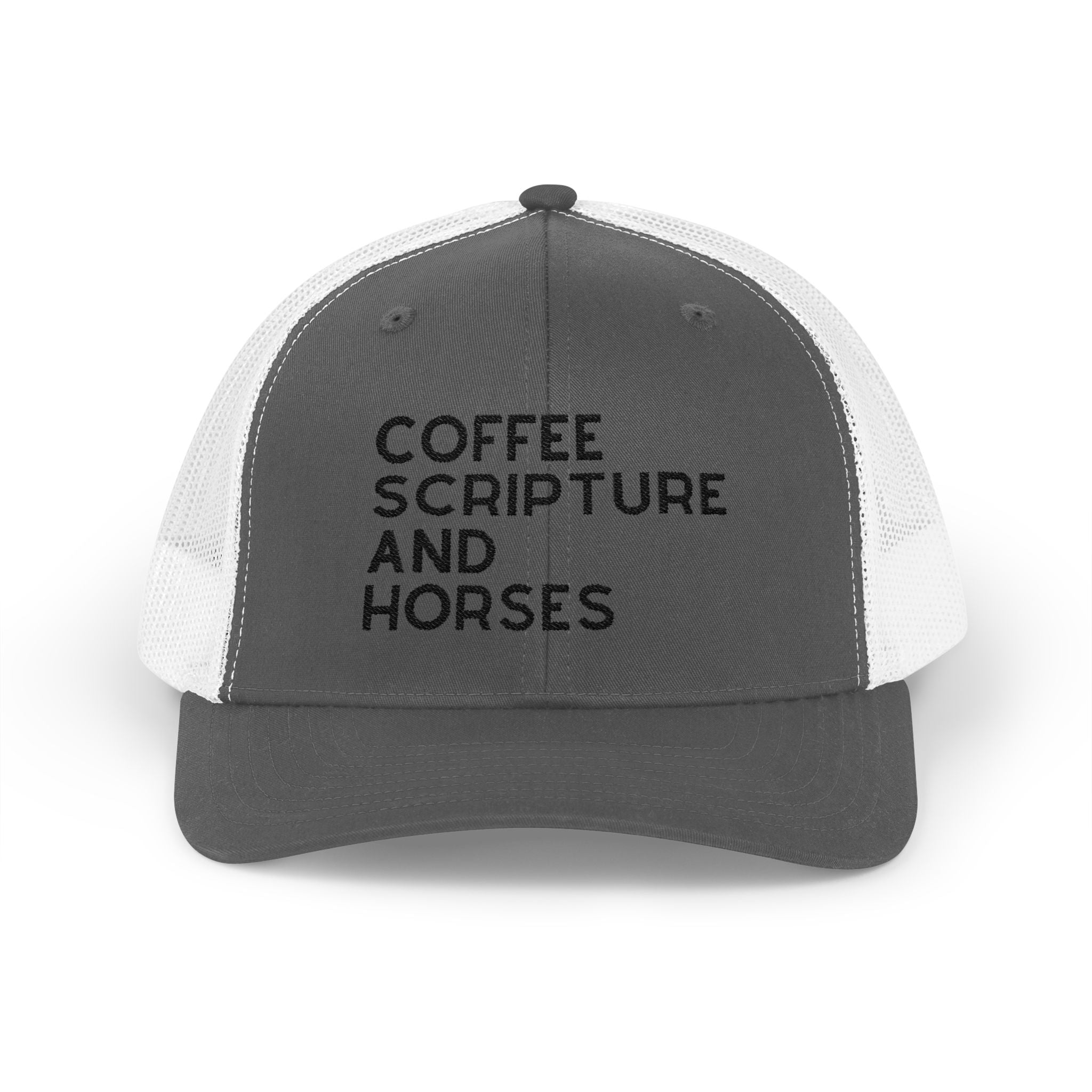 Embroidered Coffee Scripture and Horses Trucker Hat [23 Colors] Embroidered TCC Hat The Cinchy Cowgirl - Print Charcoal / White