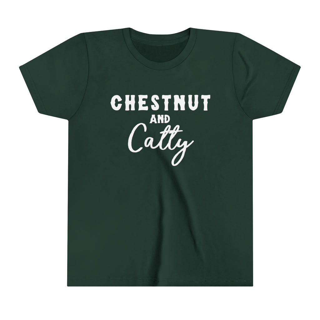 Forest youth short sleeve with white lettering reading "Chestnut and Catty". 