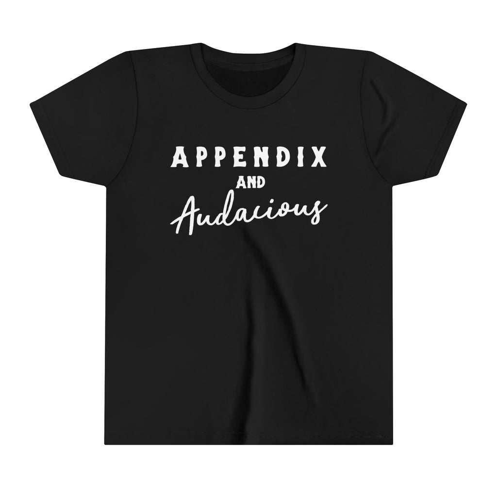 Black youth short sleeve with white lettering that says "Appendix and Audacious".