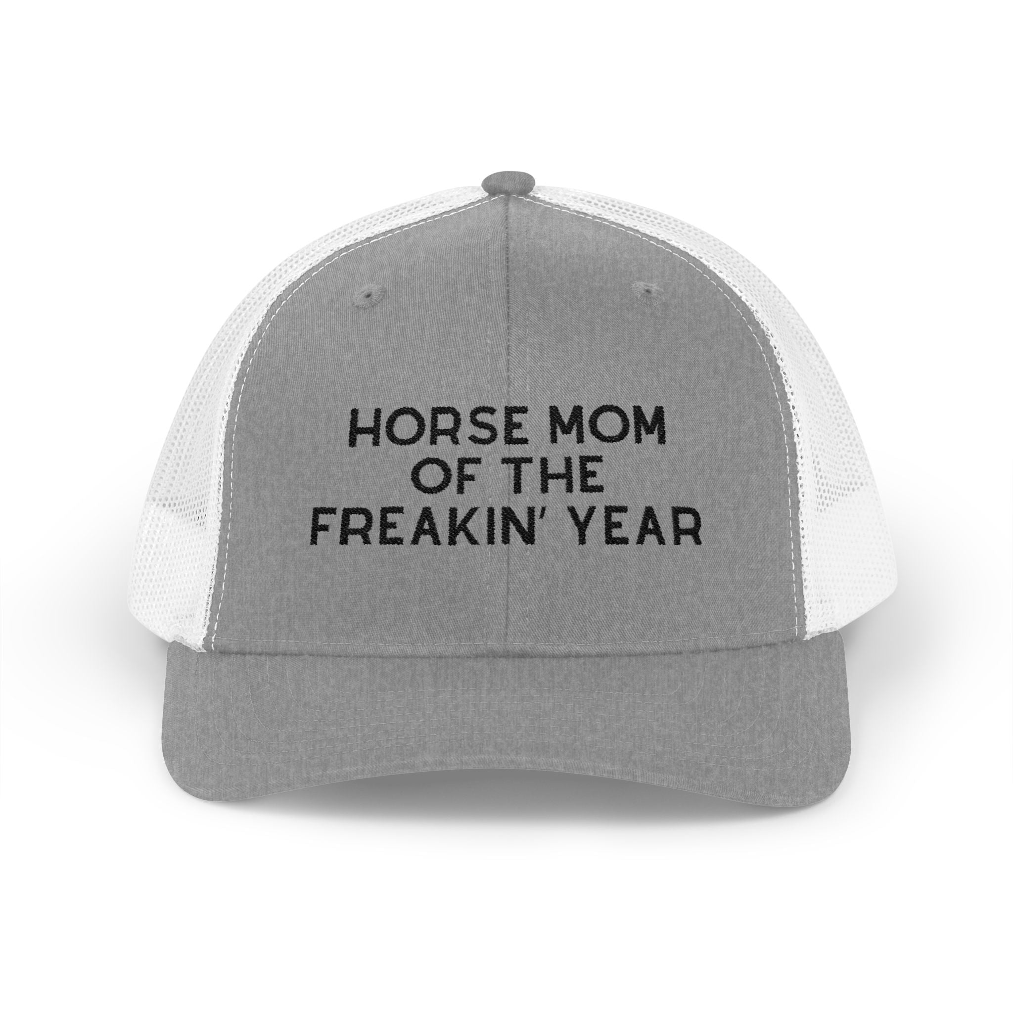 Horse Mom of the Freakin' Year Trucker Hat Embroidered TCC Hat The Cinchy Cowgirl - Print Heather Grey / White