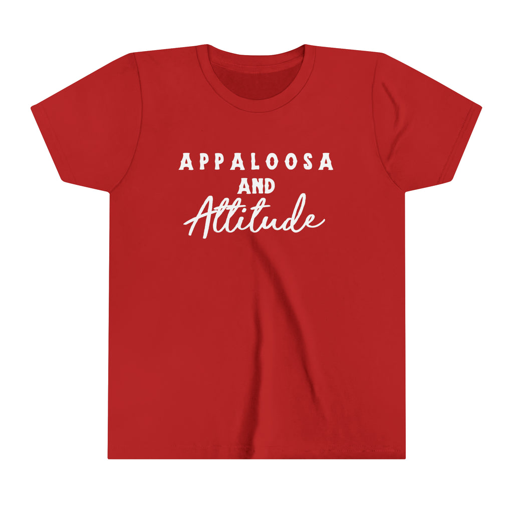 Western red youth short sleeve with white lettering that reads "Appaloosa & Attitude".