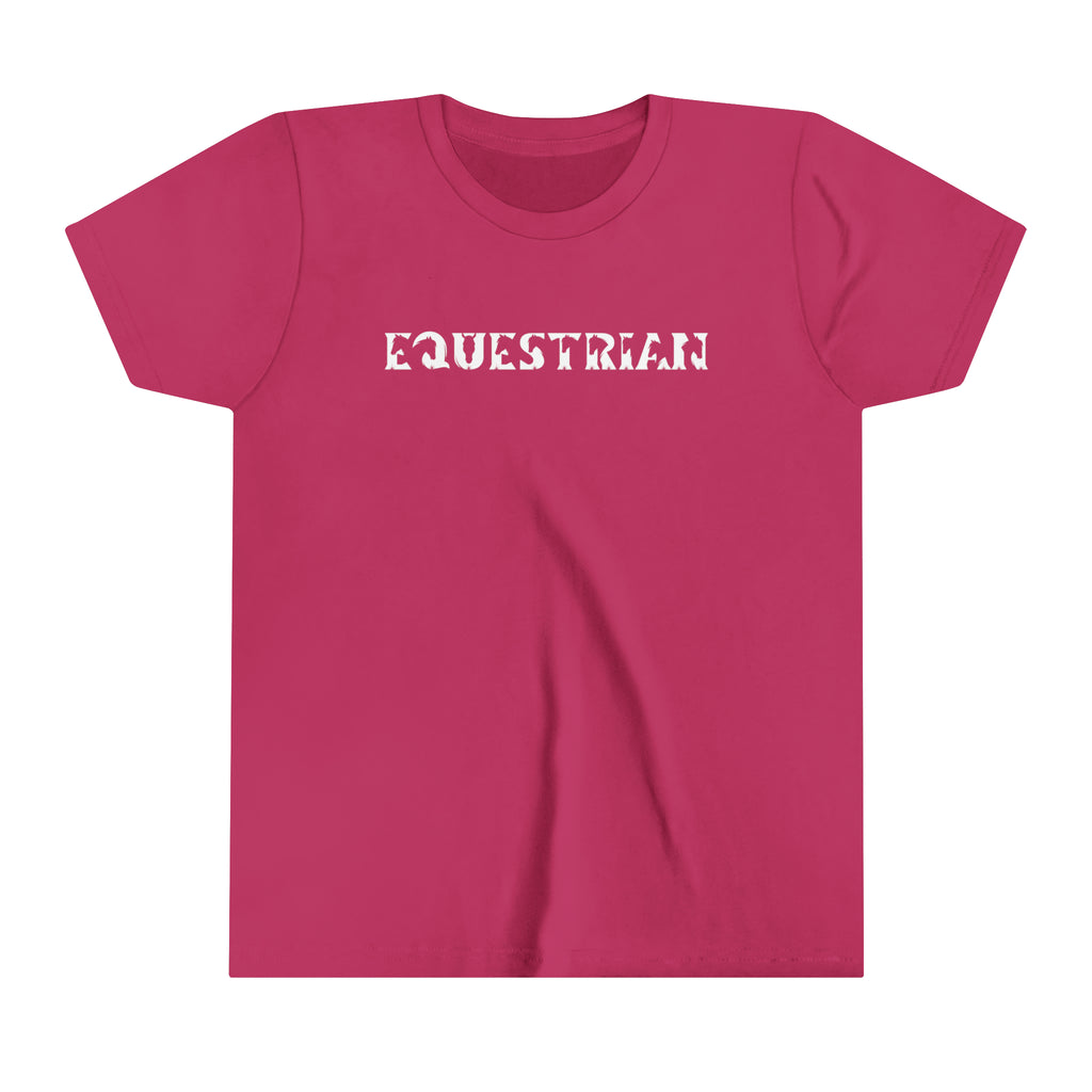 Berry youth short sleeve with white lettering reading "Equestrian" with horse cutouts in the lettering.