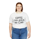 Coffee Cuss Words & Cows Short Sleeve Graphic Tee T-Shirt The Cinchy Cowgirl - Print White S