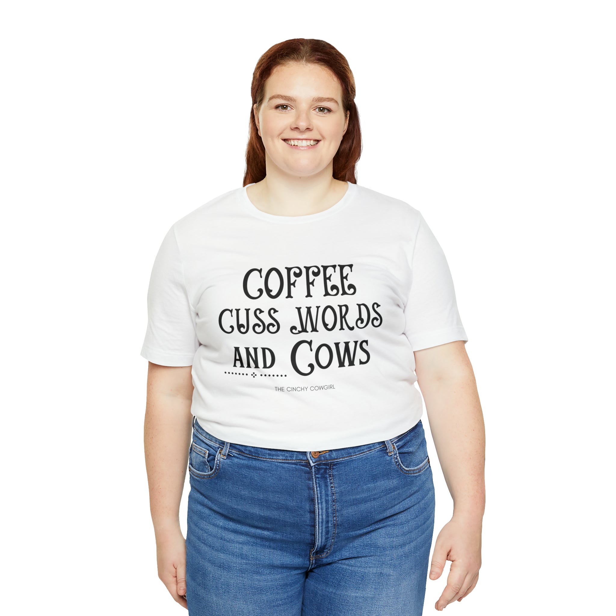 Coffee Cuss Words & Cows Short Sleeve Graphic Tee T-Shirt The Cinchy Cowgirl - Print White S