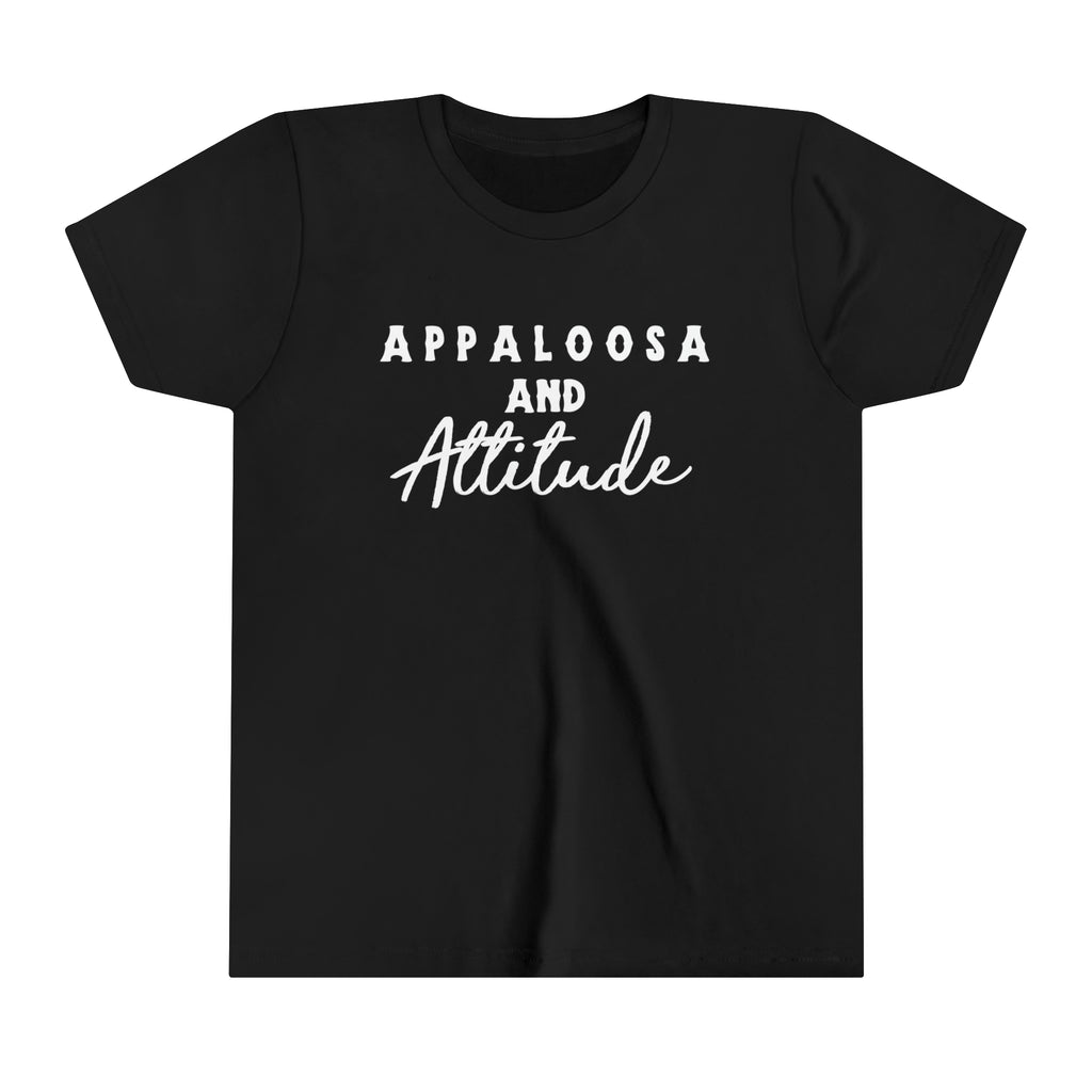 Western black youth short sleeve with white lettering that reads "Appaloosa & Attitude".