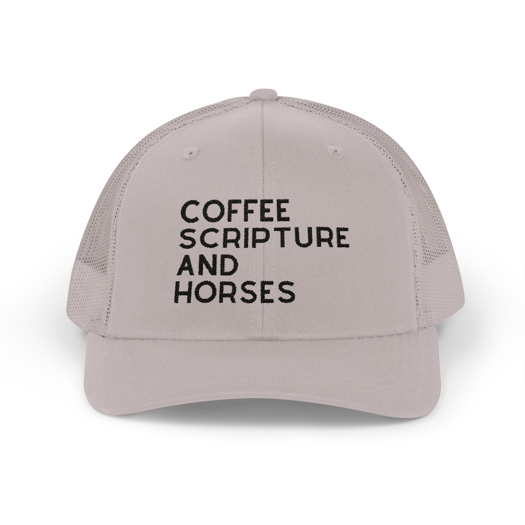 Embroidered Coffee Scripture and Horses Trucker Hat [23 Colors] Embroidered TCC Hat The Cinchy Cowgirl - Print Silver