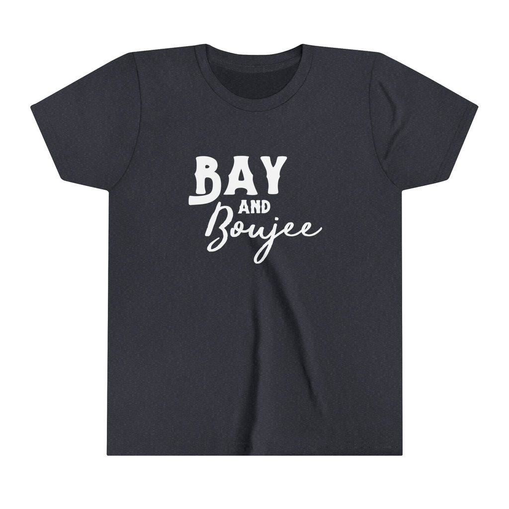 Navy youth short sleeve with white lettering that reads "Bay and Boujee".