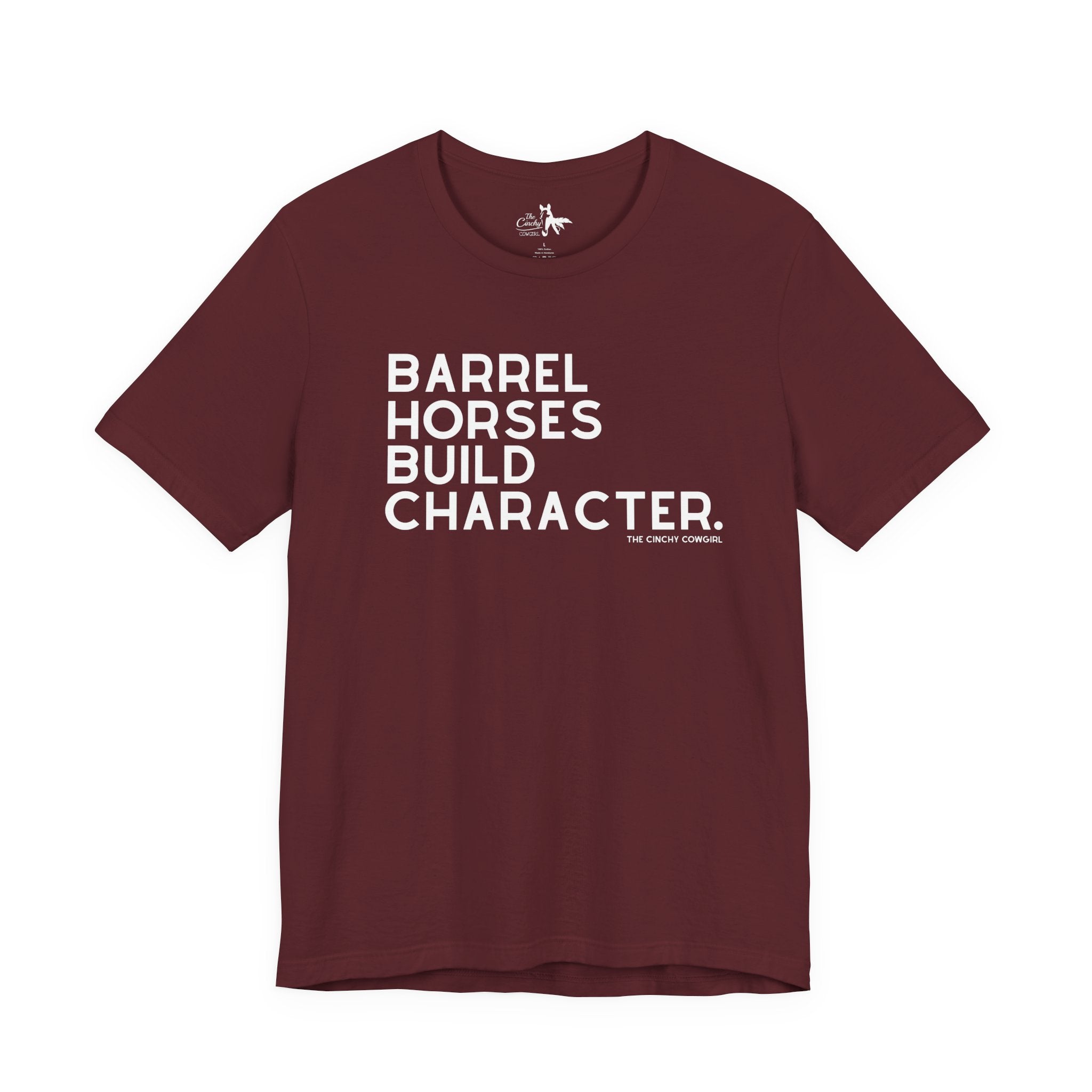 Barrel Horses Build Character Short Sleeve Tee Graphic Tee The Cinchy Cowgirl - Print Maroon XS