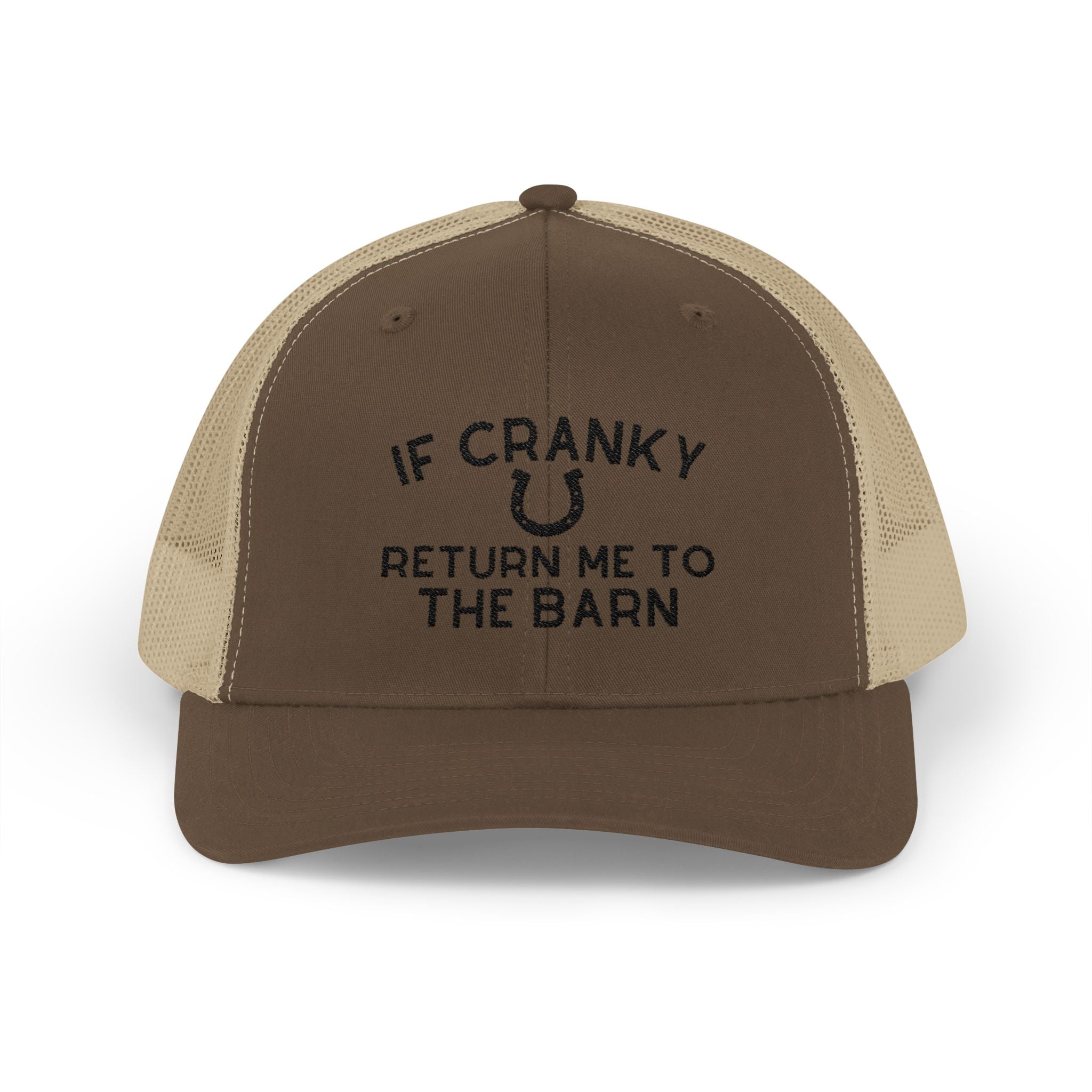 If Cranky Return Me To The Barn Trucker Hat Embroidered TCC Hat The Cinchy Cowgirl - Print Brown / Khaki