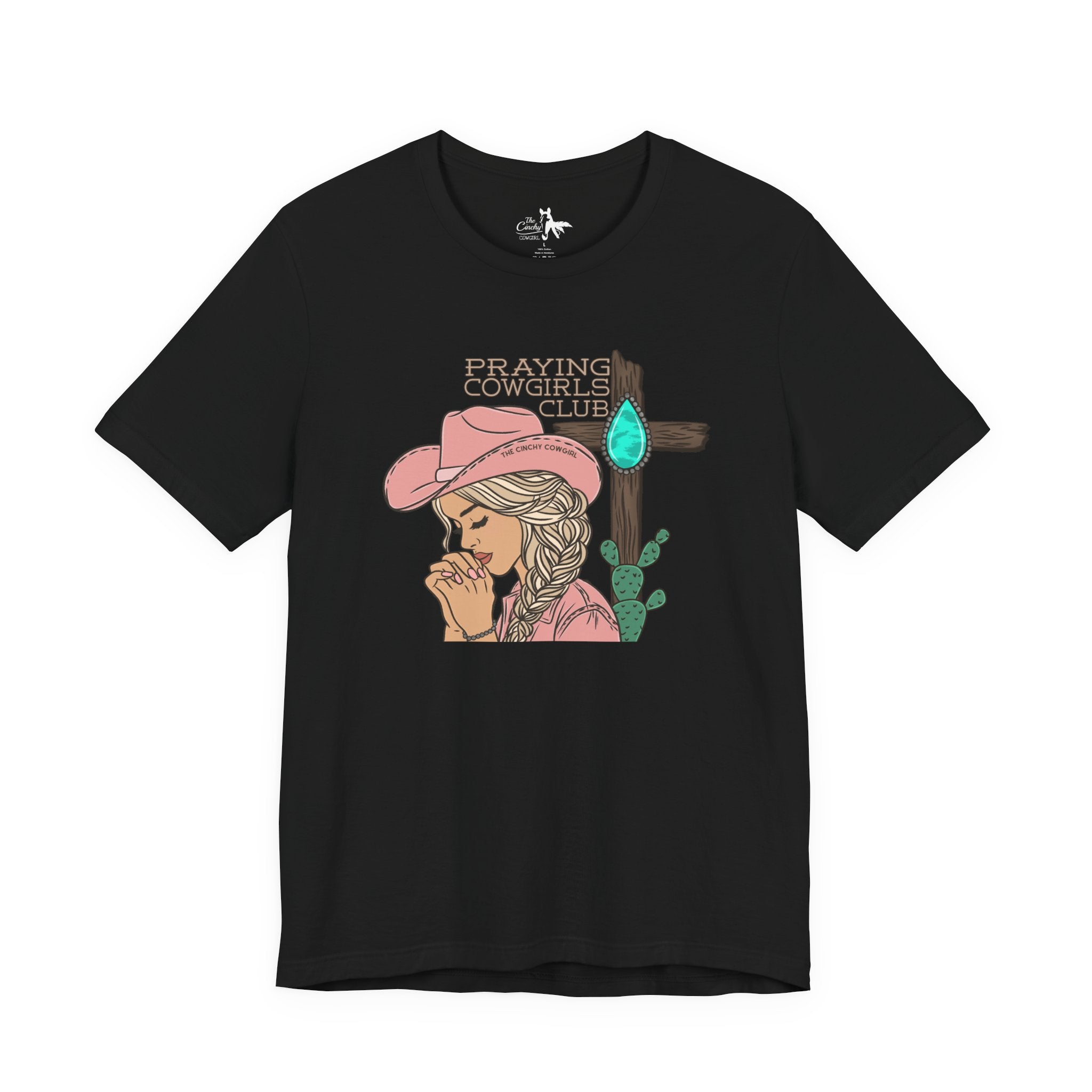 Praying Cowgirls Club Short Sleeve Tee Graphic Tee The Cinchy Cowgirl - Print Black XS